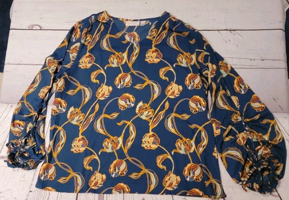 Belle by Kim Gravel Stained Glass Fall Floral Blouse Navy Blue size L